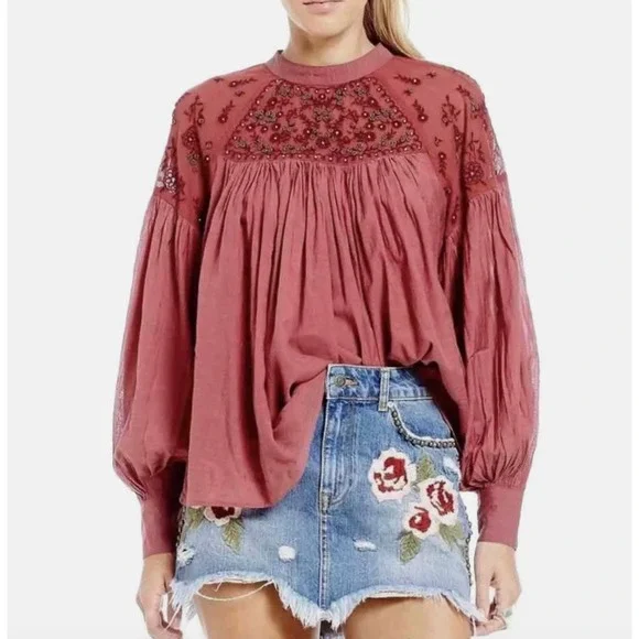 Free People Size XS‎ Have It My Way Top Beaded Tie Back Peasant Pink Boho Fairy - Picture 1 of 11